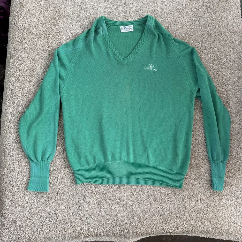 Vintage Lexus Sweater Mens XL Green Tight Knit V Neck Pullover USA